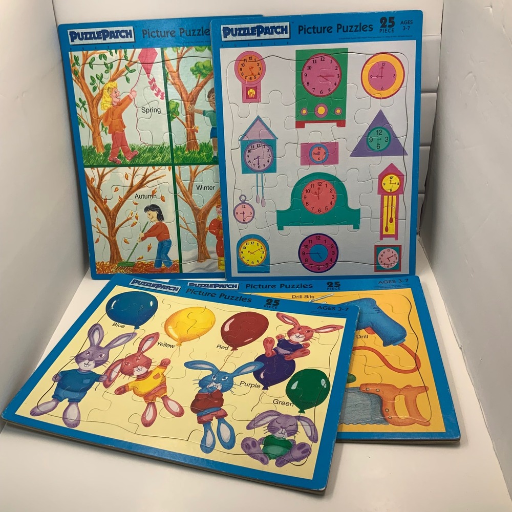 Vintage PuzzlePatch 25 Piece Tray Puzzles Lot of 4 Seasons Clocks Tools Bunnies